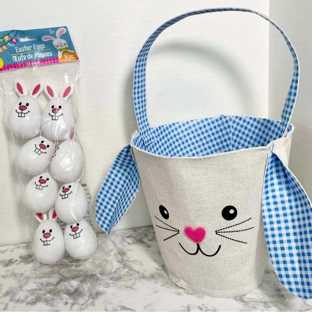 Adorable Blue Gingham Bunny Easter Basket with Eggs - Picture 2 of 10